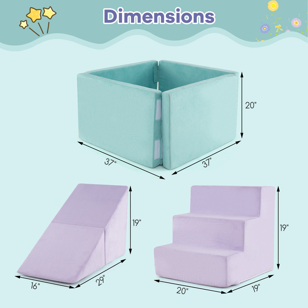 Soft play set foam climbing blocks in purple, featuring a ramp, staircase, and ball pit for toddlers' imaginative play.