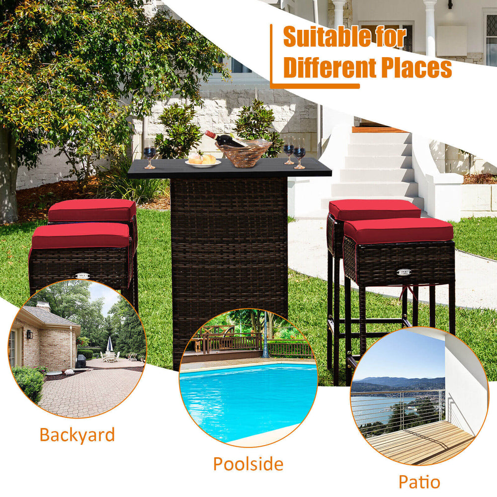 5-piece patio rattan bar table set with cushioned stools, featuring hidden storage, ideal for poolside or backyard use.