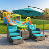 Turquoise patio chairs with cushions and coffee table, featuring a 10ft offset umbrella for outdoor relaxation.