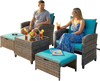 Patio scene featuring a 5-pc rattan furniture set with turquoise cushions and a 10ft LED umbrella by the pool.