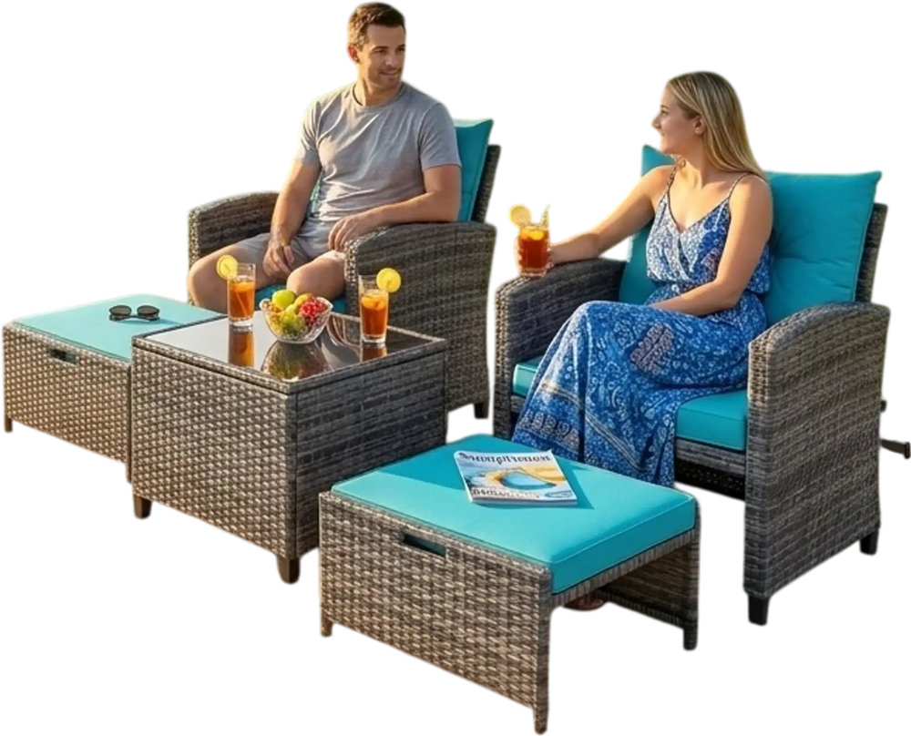 Patio scene featuring a 5-pc rattan furniture set with turquoise cushions and a 10ft LED umbrella by the pool.