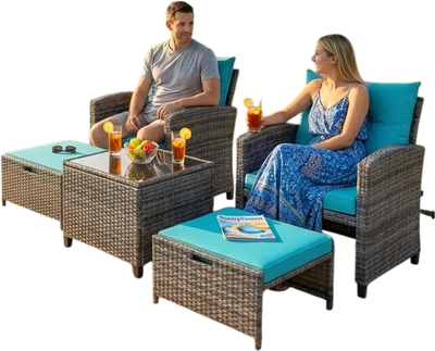 Costway 5-Pc Rattan Patio Furniture Set Water Slide 10' LED Offset Umbrella 34259613 New