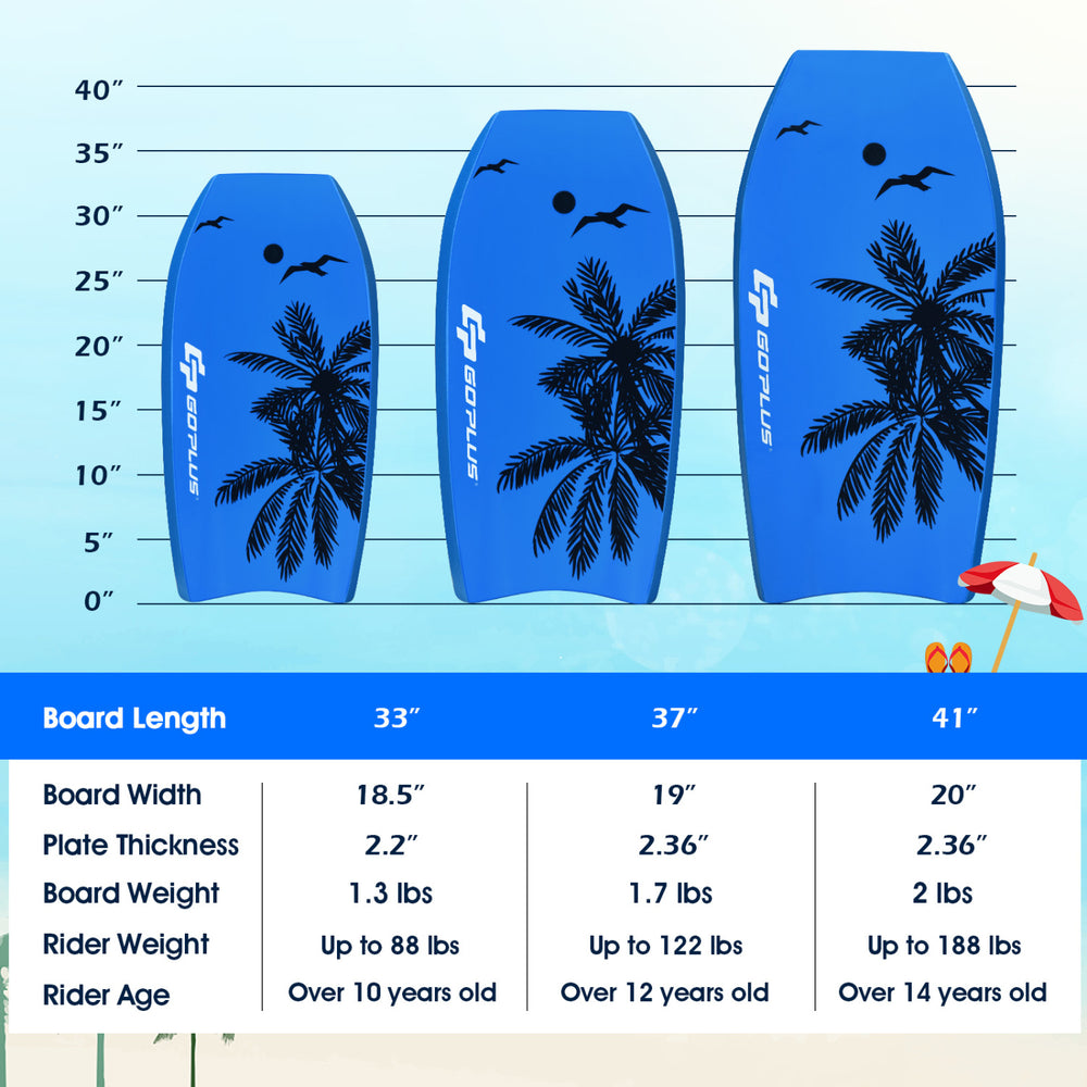 Three sizes of Super Lightweight Bodyboard with EPS core, featuring a waterproof XPE deck for durability and impact.