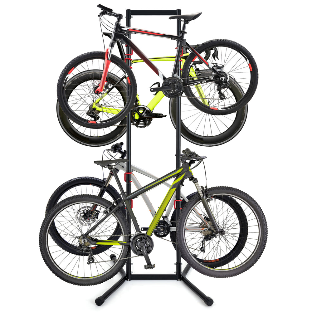 Adjustable bike storage rack holding two bikes, featuring heavy-duty carbon steel and anti-slip rubber feet for.