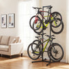 Adjustable bike storage rack holding four bikes, made of powder-coated carbon steel, ideal for garage organization.