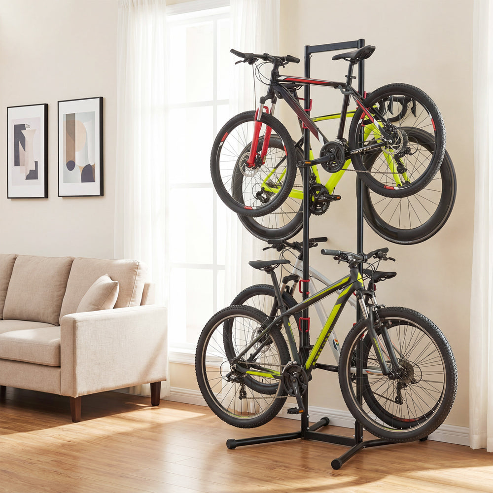 Adjustable bike storage rack holding four bikes, made of powder-coated carbon steel, ideal for garage organization.