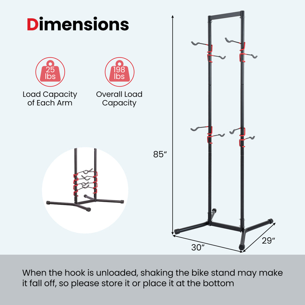 Dimensions of the adjustable bike storage rack for 4 bikes, showcasing a height of 85 inches and width of 30 inches.