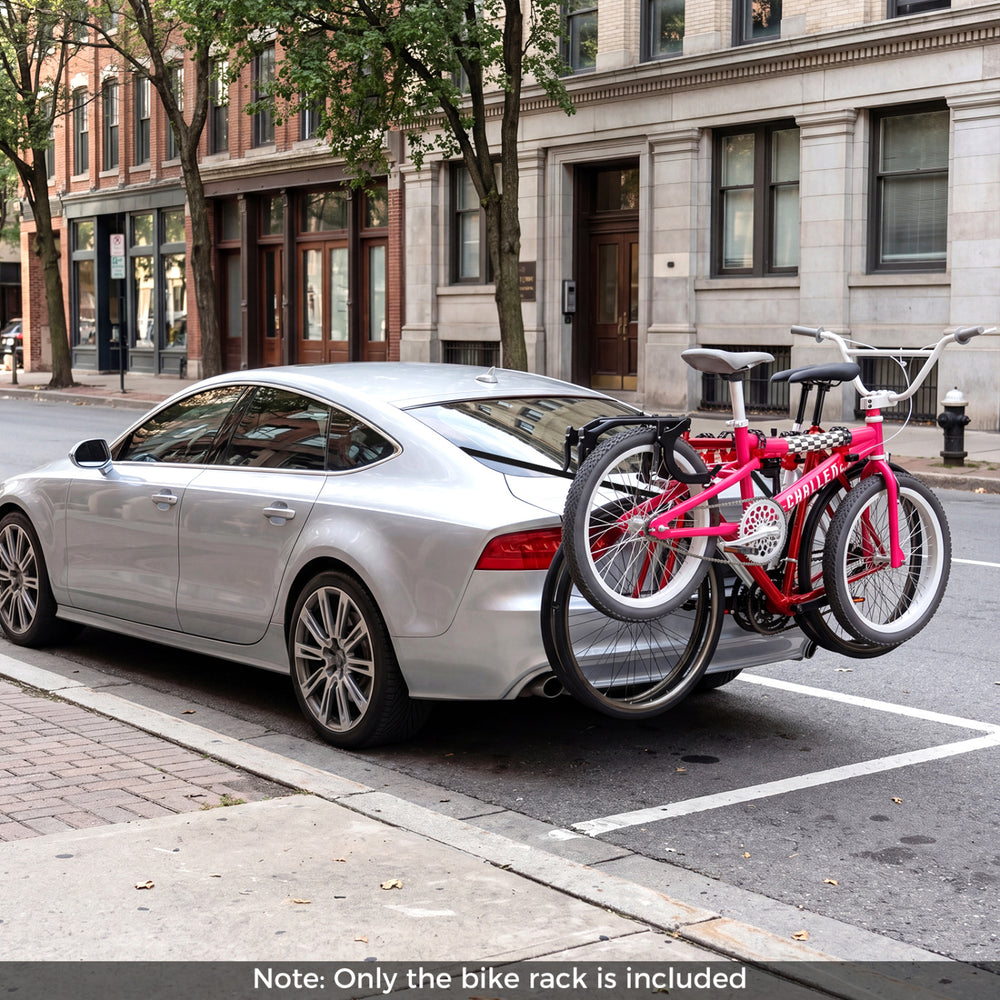 Trunk mount 3-bike rack in pink, designed for SUVs, featuring anti-sway straps and soft padding for stability.