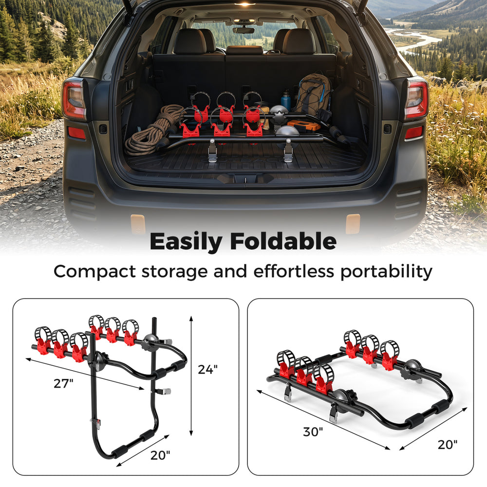 Trunk mount 3-bike rack with anti-sway straps, designed for SUVs, easily foldable for compact storage and portability.