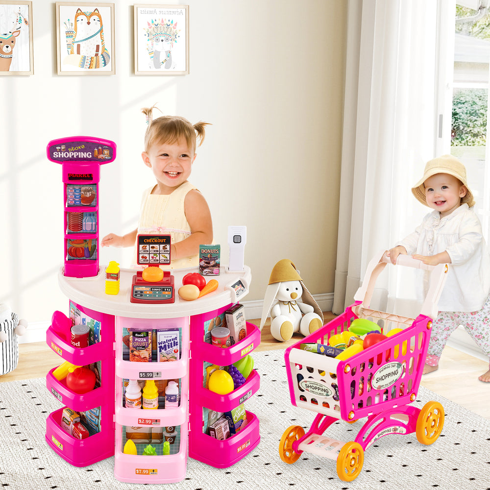 Supermarket Playset for Kids 76 PCS Pretend Play Grocery Store Set with Shopping Cart-Pink - Gallery View 1 of 10