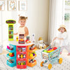 Colorful supermarket playset for kids featuring a shopping cart, scanner, and 76 accessories for imaginative play.