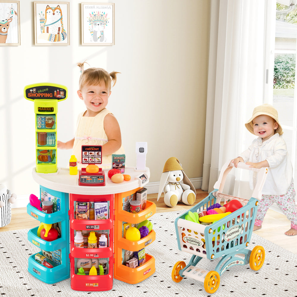 Supermarket Playset for Kids 76 PCS Pretend Play Grocery Store Set with Shopping Cart-Blue - Gallery View 1 of 11