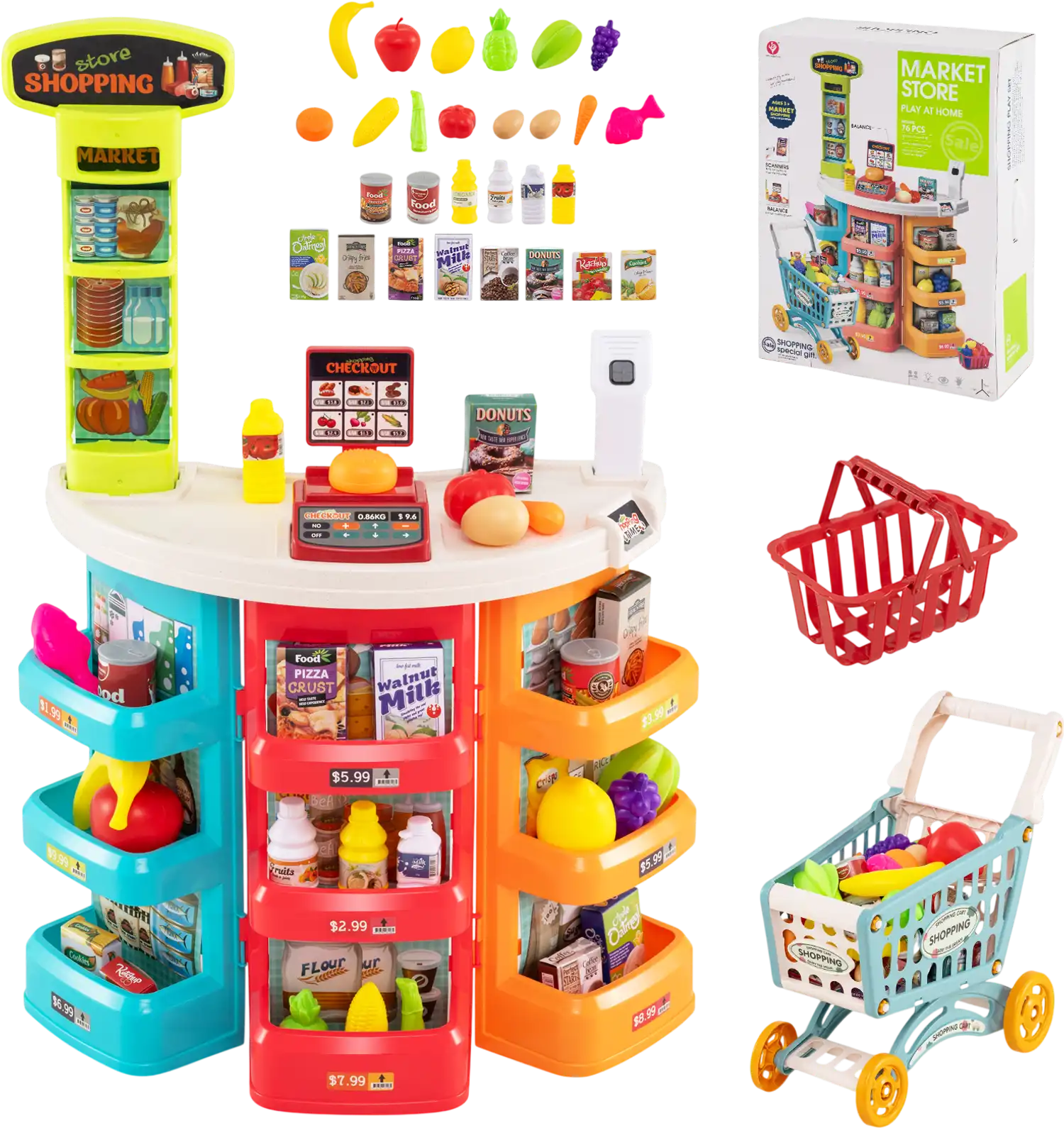 Costway Kids Supermarket Grocery Store Pretend Playset w/ Shopping Cart 76-Pc 41752242 New