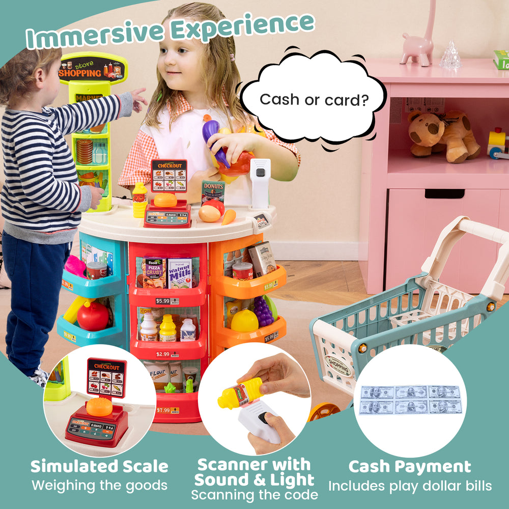 Supermarket playset with shopping cart, scanner with sound and light, and simulated scale for kids' role-playing fun.