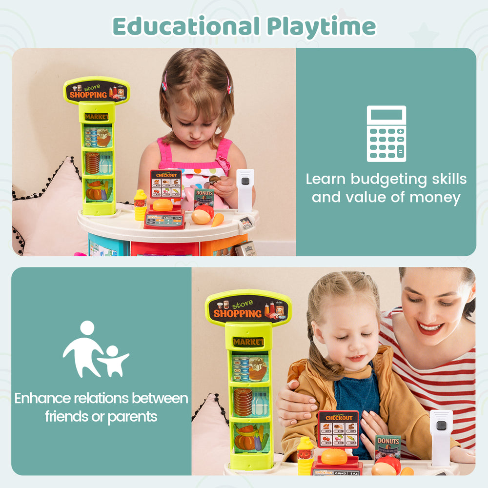 Supermarket playset with shopping cart, 76 PCS, features sound effects and price tags for educational role-playing fun.