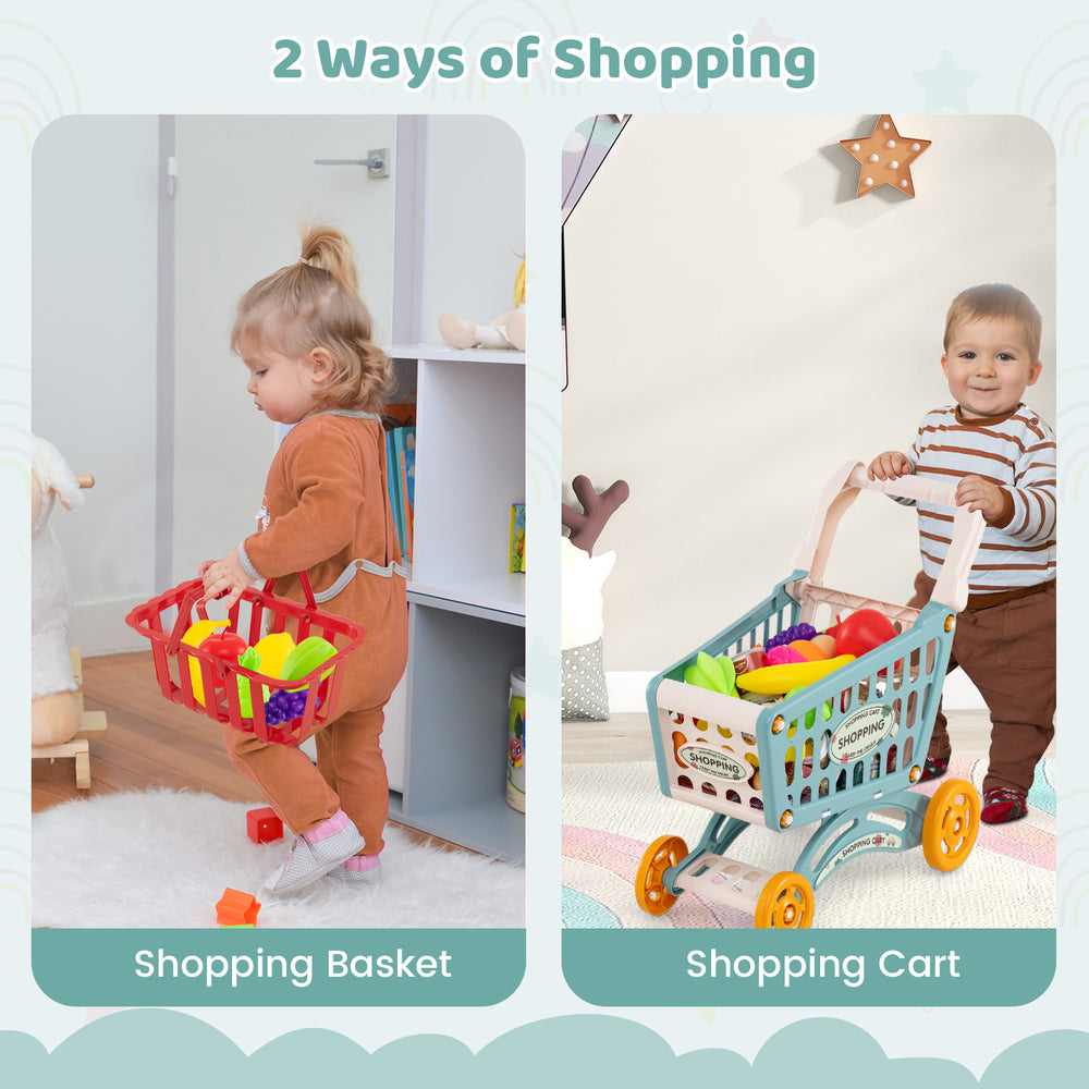 Children using a shopping basket and cart from the Supermarket Playset for Kids, promoting role-play and social skills.
