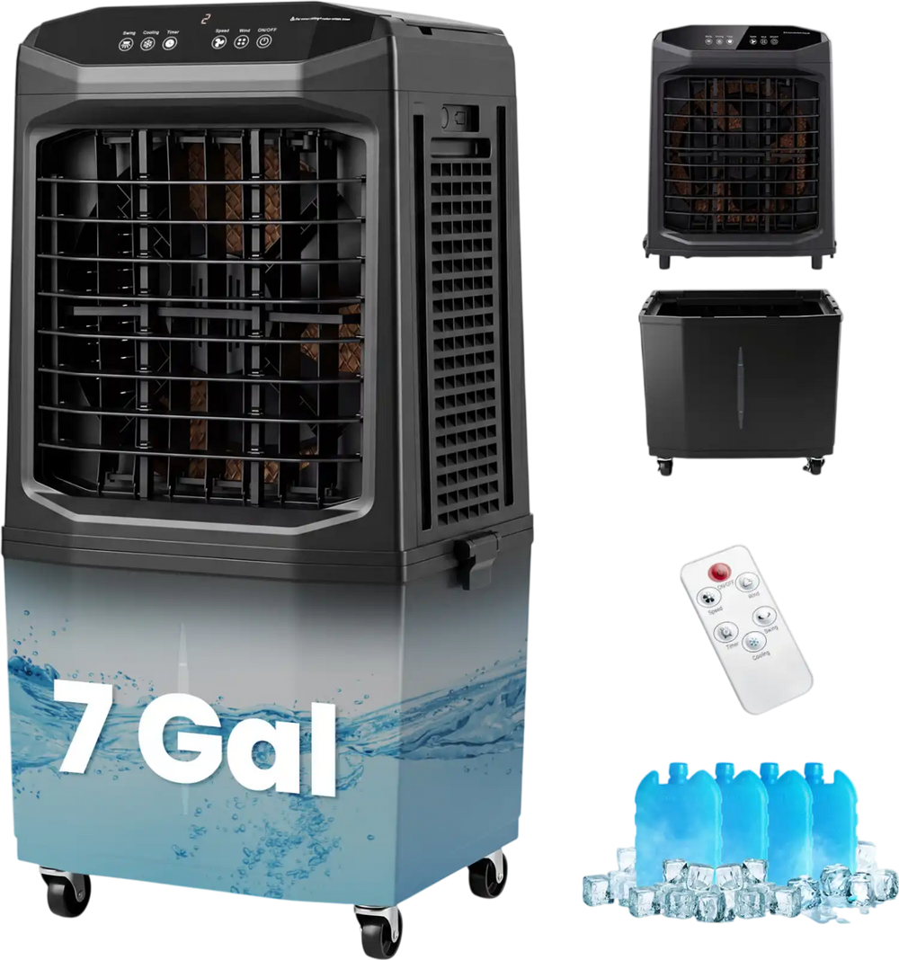 Evaporative air cooler in black with 4 reusable ice packs, offering efficient cooling and 3 fan speeds for customized.