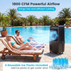 Swamp cooler with 1800 CFM airflow, 7-gallon tank, and 4 ice packs for efficient cooling by the poolside.