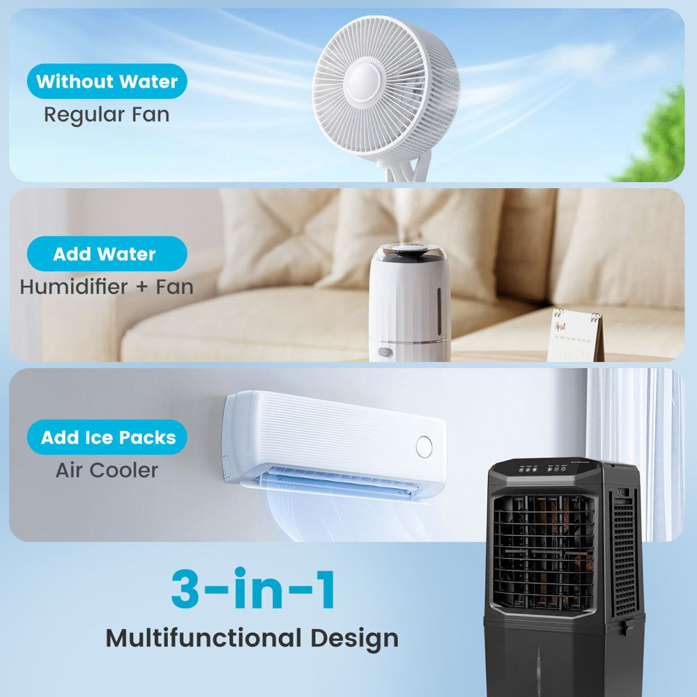 3-in-1 Swamp Cooler with 1800 CFM airflow, 7-gallon tank, and ice pack feature for efficient cooling in any space.