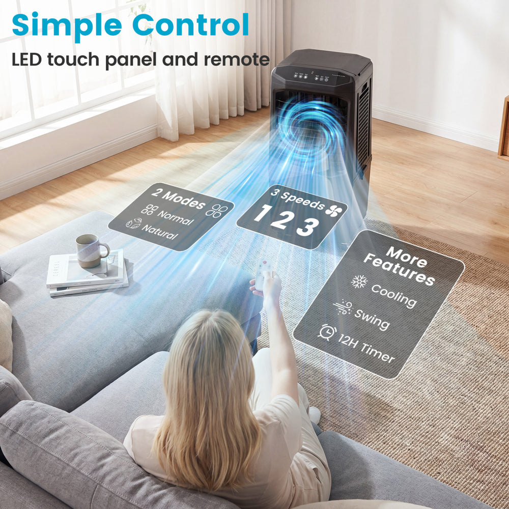 Swamp cooler with LED touch panel and remote, featuring 1800 CFM airflow and 7-gallon detachable water tank for.