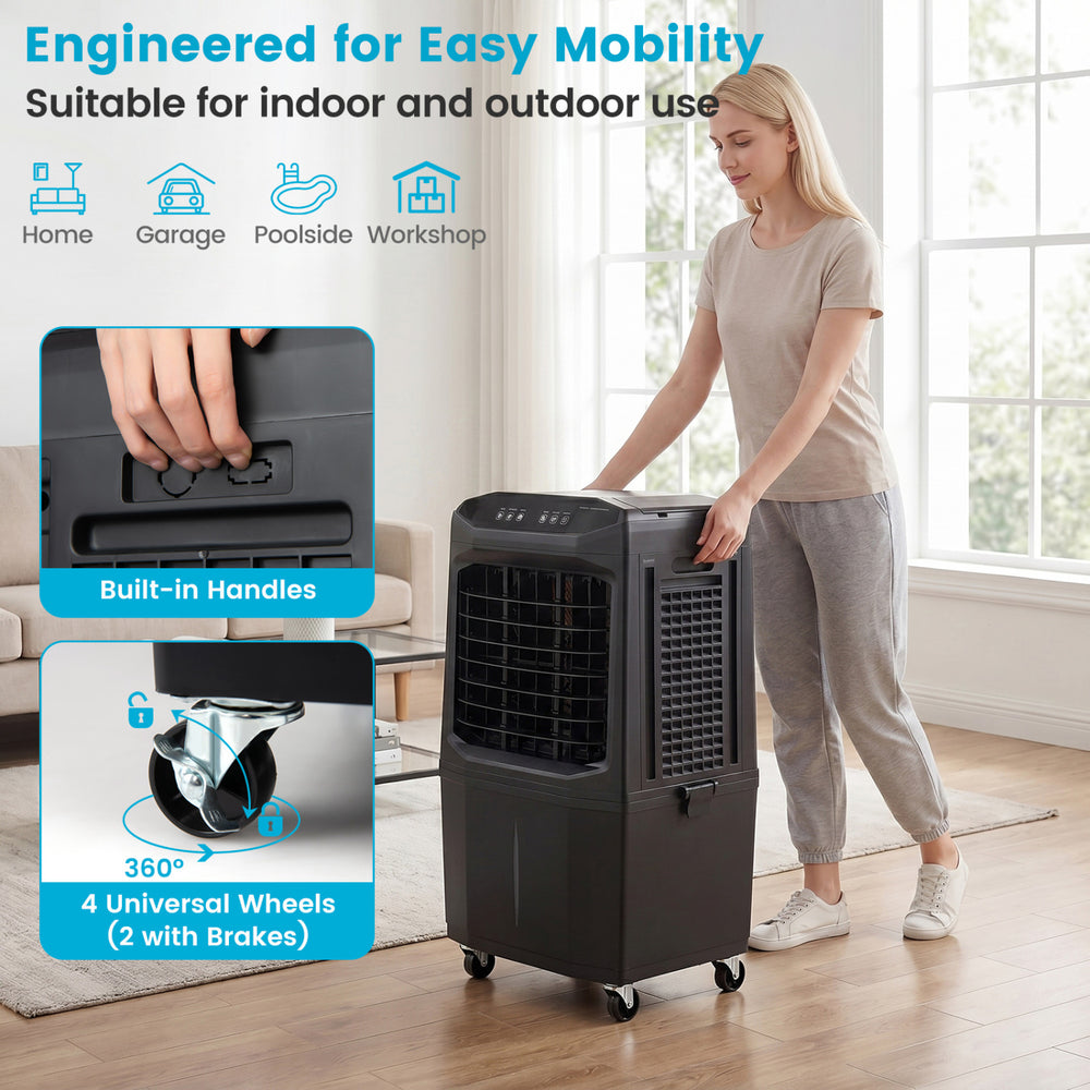 Swamp cooler with 1800 CFM airflow, 7-gallon detachable tank, and universal wheels for easy mobility indoors and.