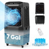 Swamp cooler with 7-gallon detachable water tank, 1800 CFM airflow, and remote control for efficient cooling.