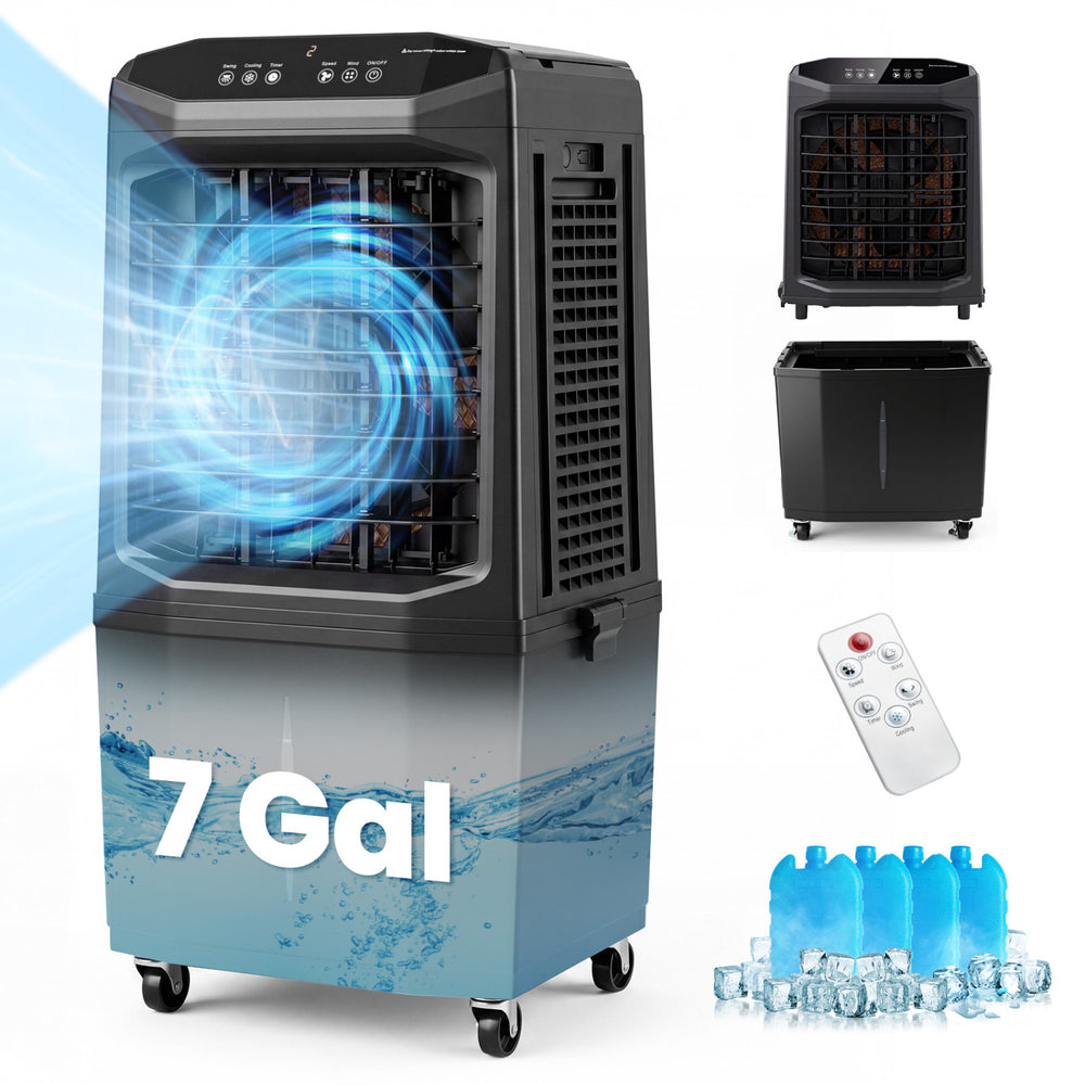 Swamp cooler with 7-gallon detachable water tank, 1800 CFM airflow, and remote control for efficient cooling.