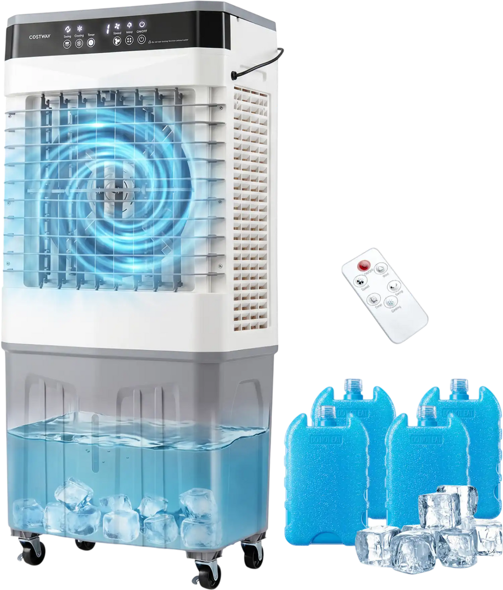 3-in-1 evaporative air cooler with 7.2-gal water tank, 2100 CFM airflow, and 4 reusable ice packs for efficient cooling.