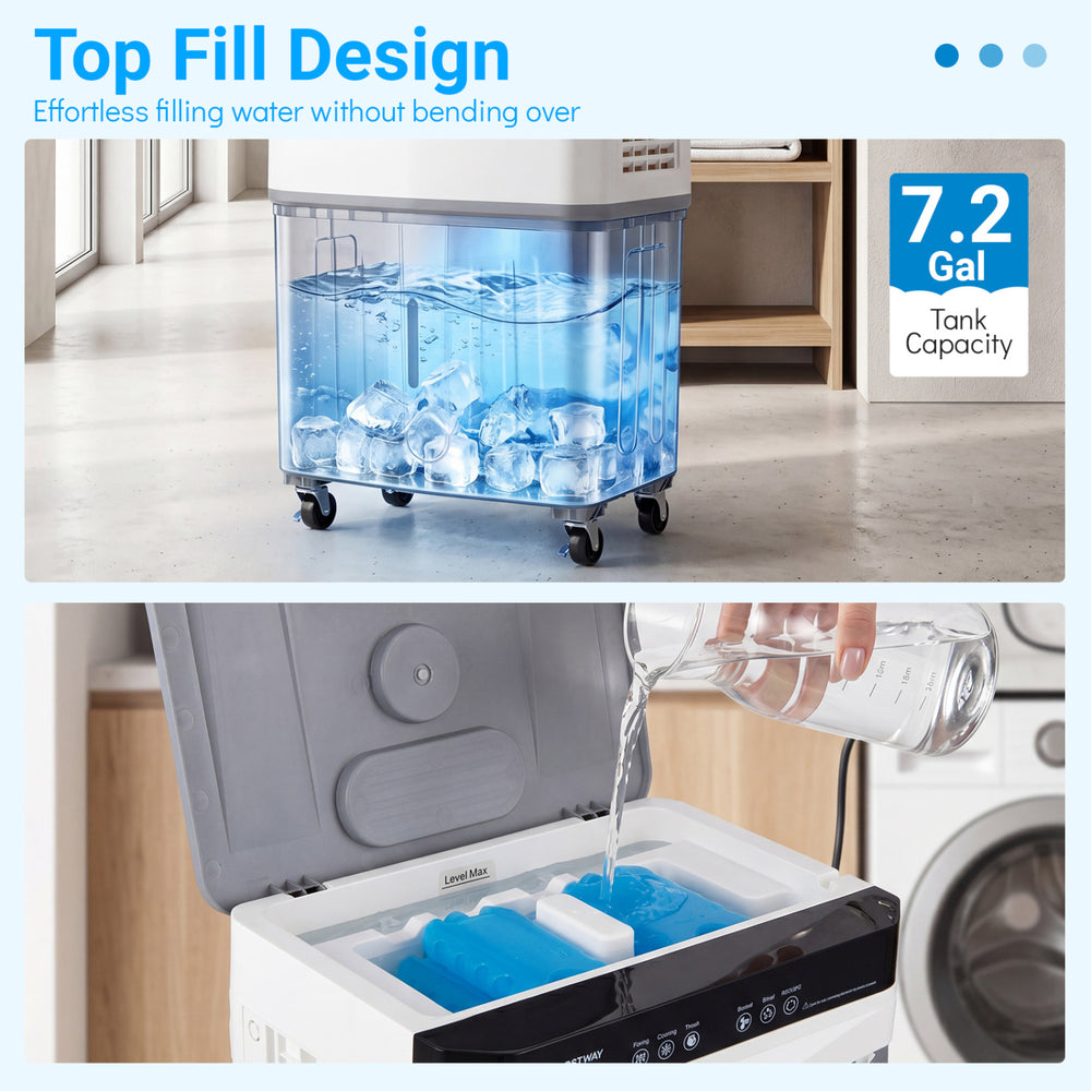 Top fill design of the Swamp Cooler with 7.2 Gal tank, showcasing effortless water refill and ice pack addition.