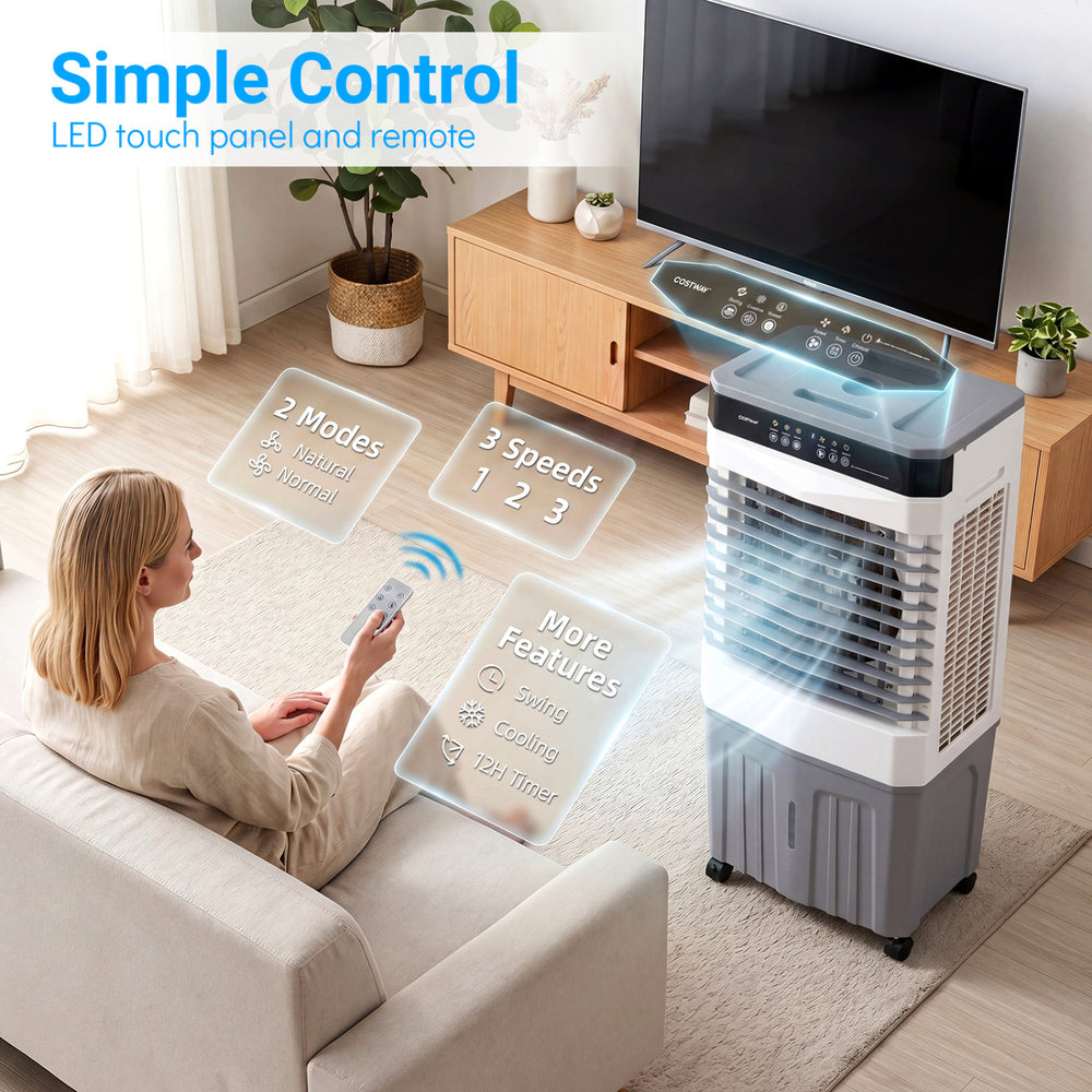 Evaporative air cooler with remote control, 2100 CFM airflow, 7.2-gallon tank, and 3 fan speeds for efficient cooling.