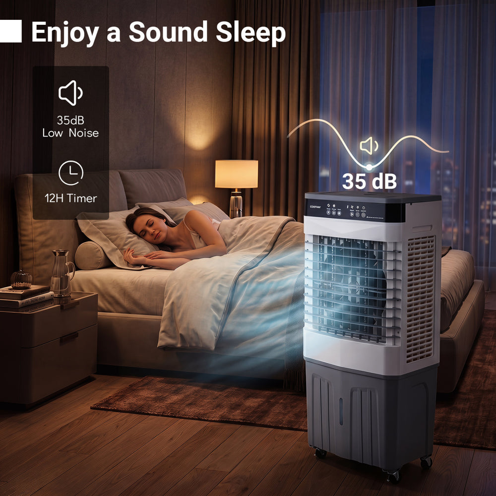 Swamp cooler with 2100 CFM airflow, 35dB low noise, and 7.2 Gal tank, ideal for efficient cooling in bedrooms.