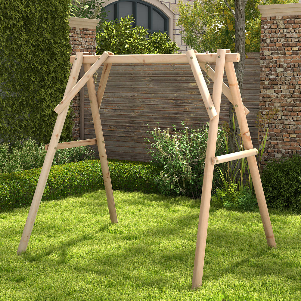 Heavy duty wooden swing frame with reinforced bars, suitable for backyard and garden, featuring a stable A-shaped.