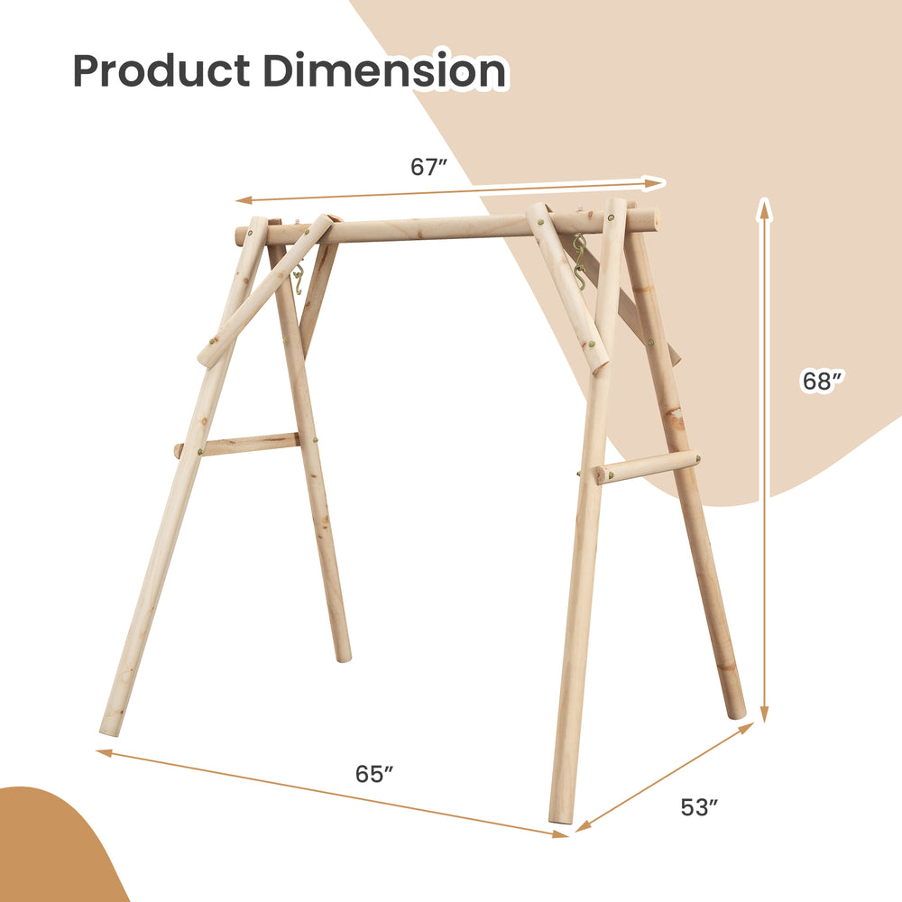 Heavy duty wooden swing frame dimensions showing 67" width, 68" height, and 65" depth for backyard stability.