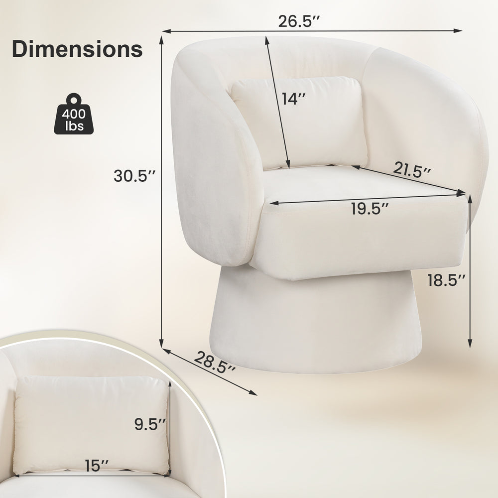 Beige swivel accent chair with curved back, removable lumbar pillow, and dimensions for ergonomic support and comfort.