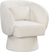 Beige swivel accent chair with curved back and removable lumbar pillow, designed for ergonomic comfort and stability.