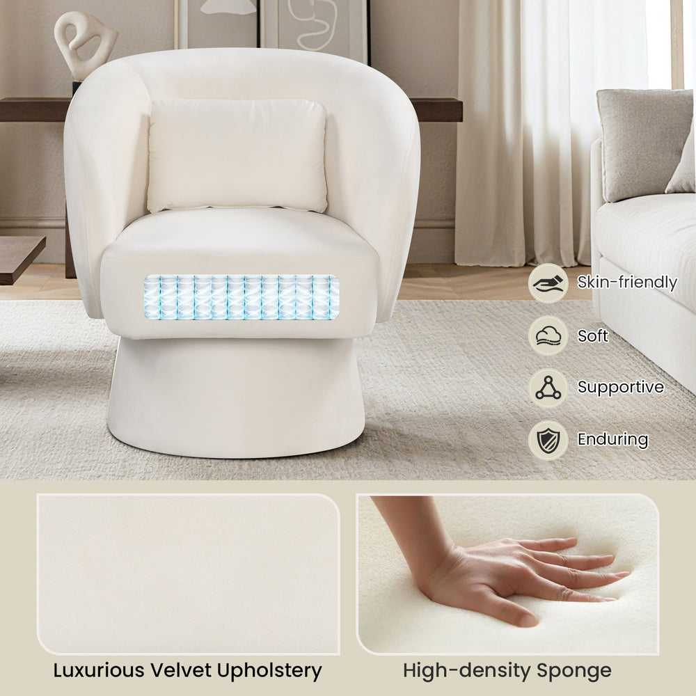 Beige swivel accent chair with high-curved back, removable lumbar pillow, and plush velvet upholstery for optimal.
