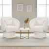 Beige swivel accent chairs with curved backs and removable lumbar pillows, perfect for stylish and comfortable seating.