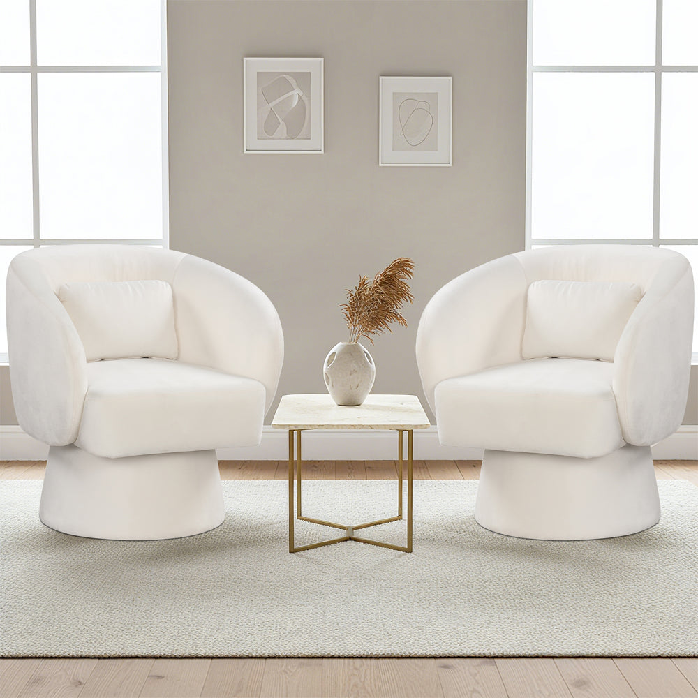Beige swivel accent chairs with curved backs and removable lumbar pillows, perfect for stylish and comfortable seating.