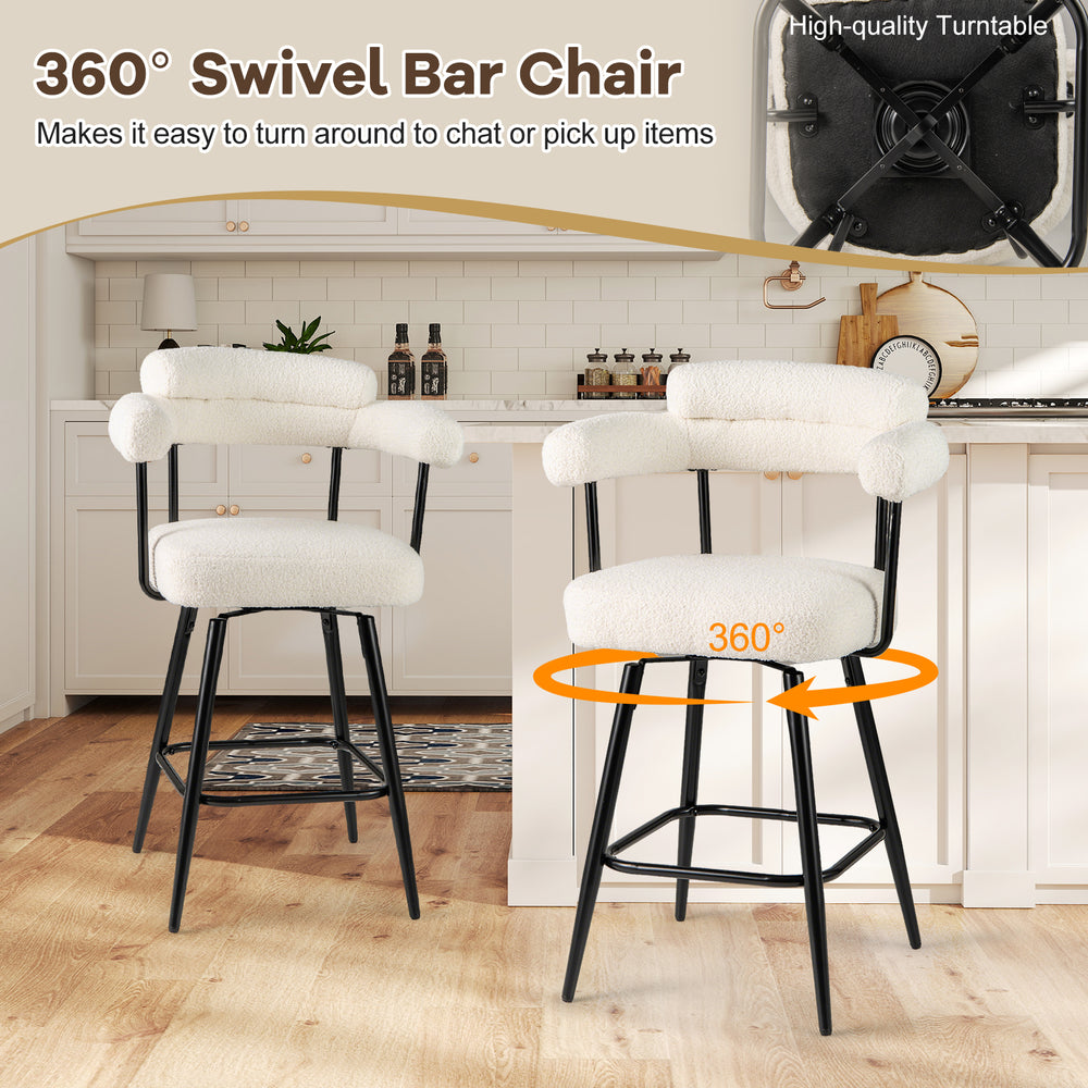 360° swivel bar chair with premium boucle cover, curved back, and arms, perfect for kitchen islands and bar tables.