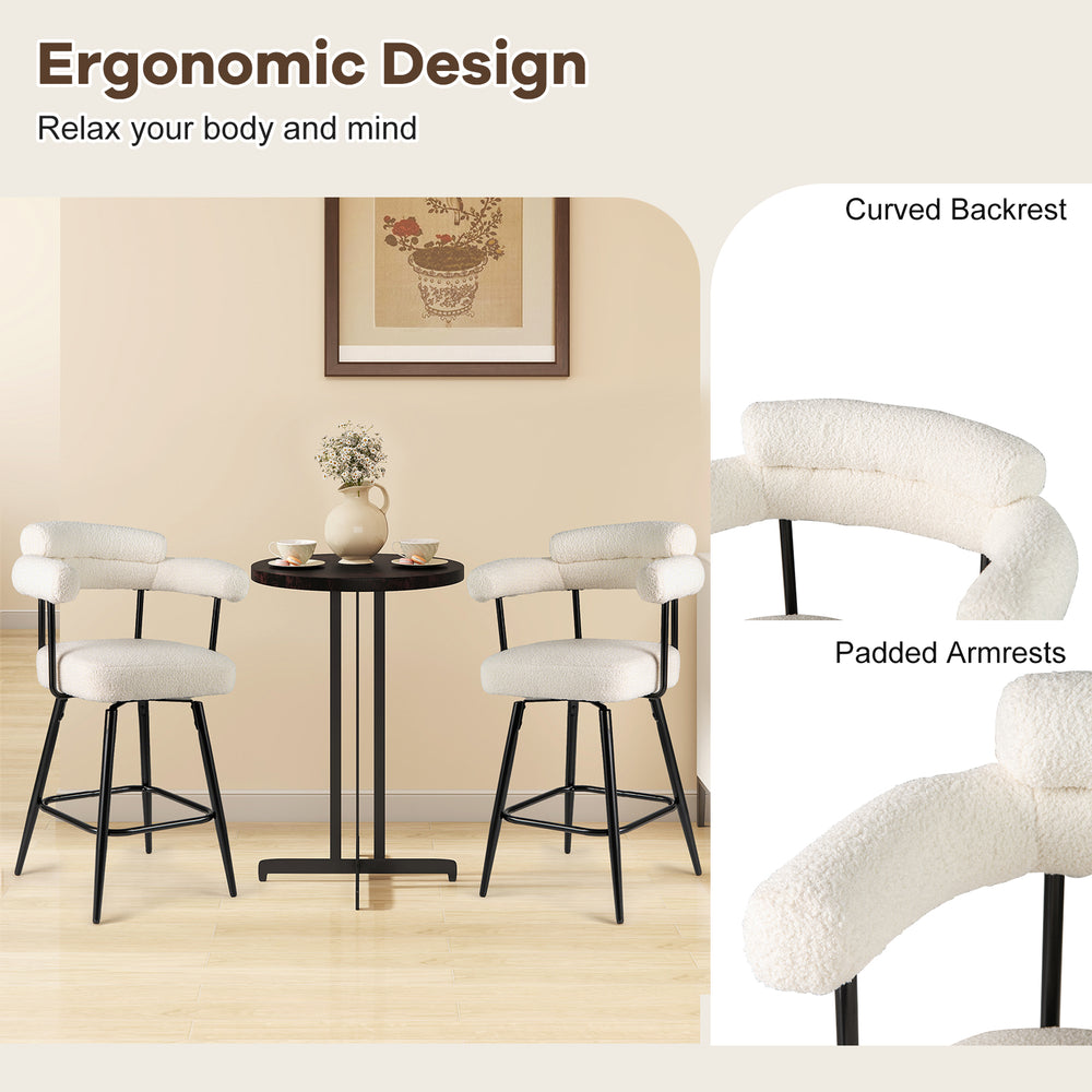 Swivel bar stool set of 2 with curved back, padded armrests, and premium boucle cover for kitchen or bar use.