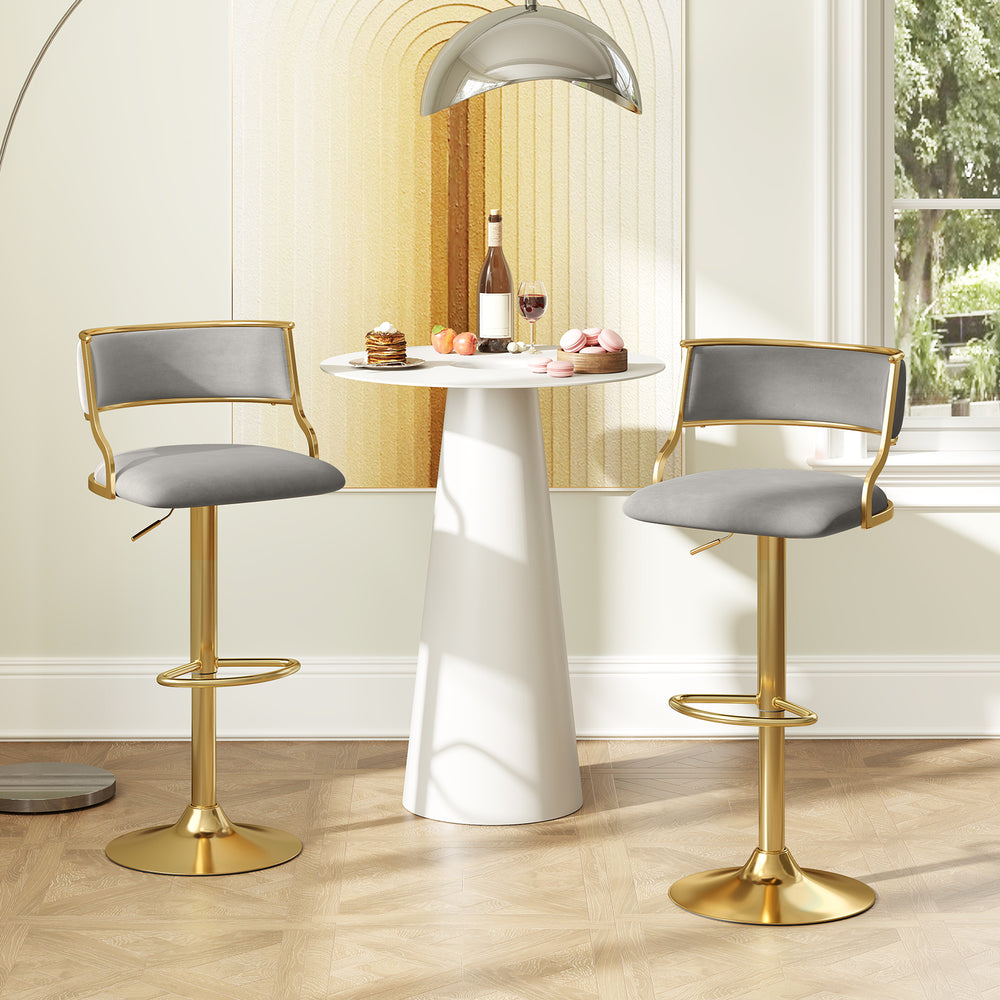 Swivel bar stool set of 2 in grey Dutch velvet with gold base, height adjustable for versatile island seating.
