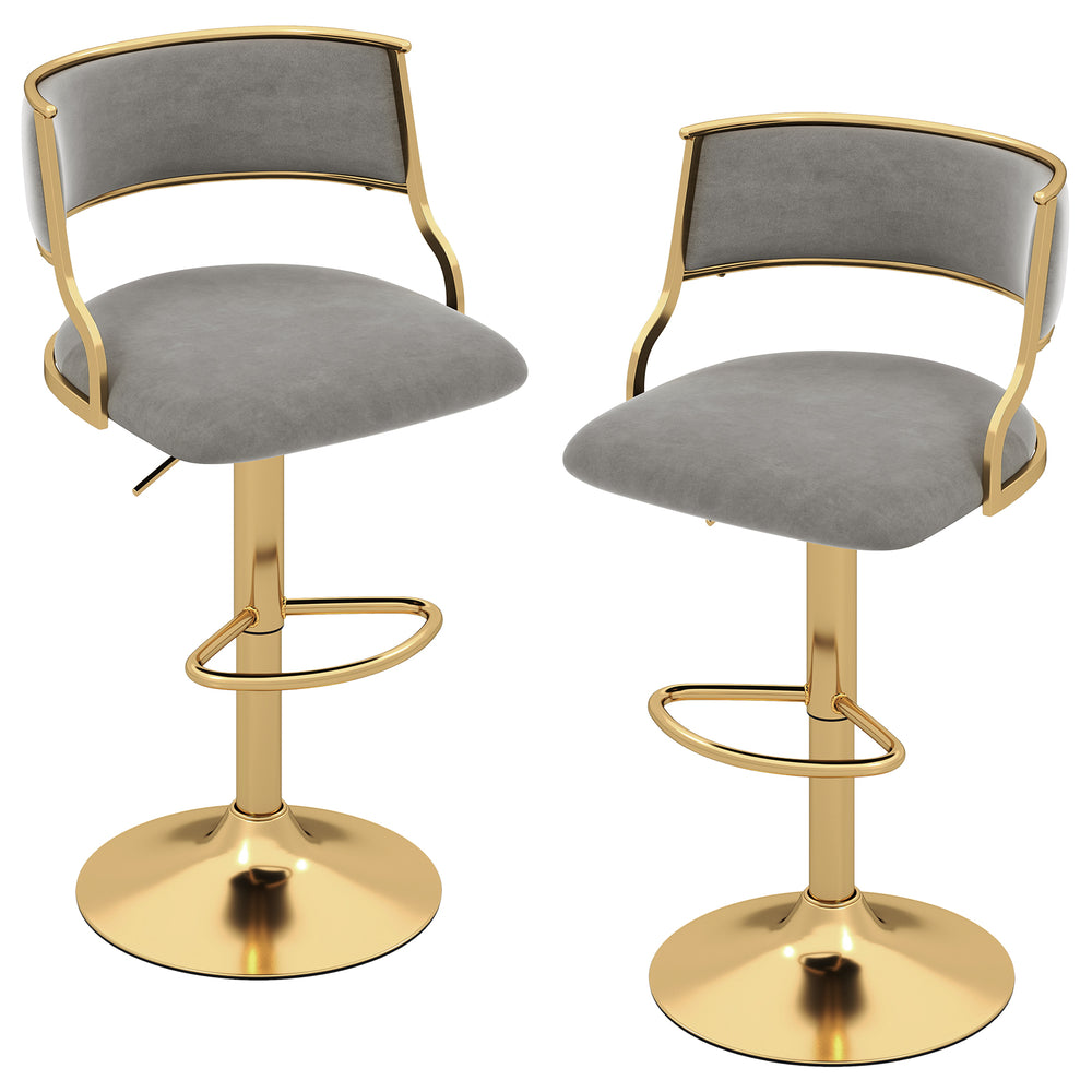 Set of 2 grey swivel bar stools with Dutch velvet upholstery and gold electroplated base, height adjustable for.