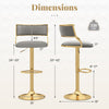Height adjustable grey Dutch velvet swivel bar stool with gold base, featuring a contoured backrest and sturdy footrest.