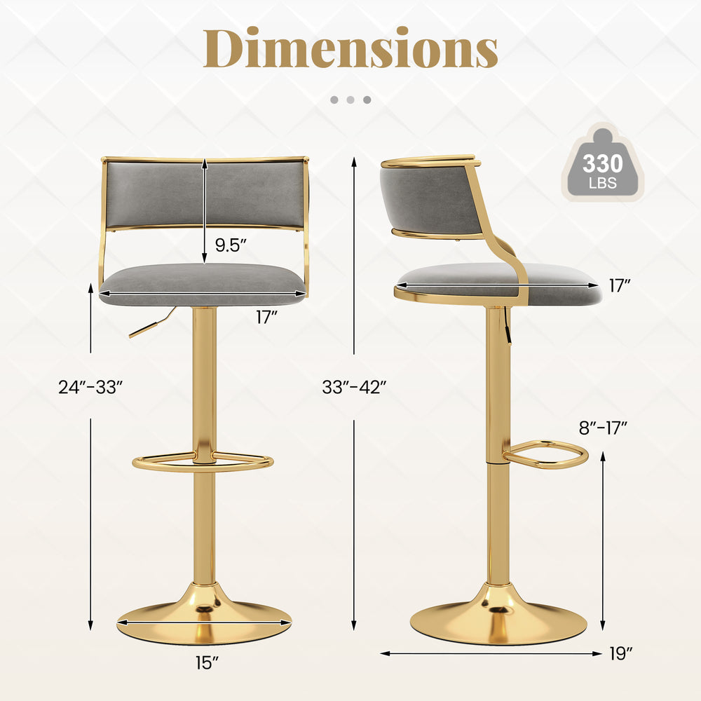 Height adjustable grey Dutch velvet swivel bar stool with gold base, featuring a contoured backrest and sturdy footrest.