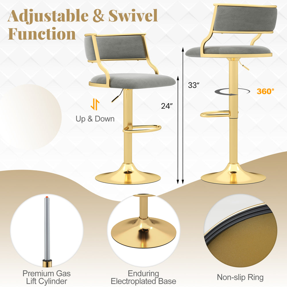 Height adjustable grey Dutch velvet swivel bar stool with electroplated base and non-slip ring for stability.