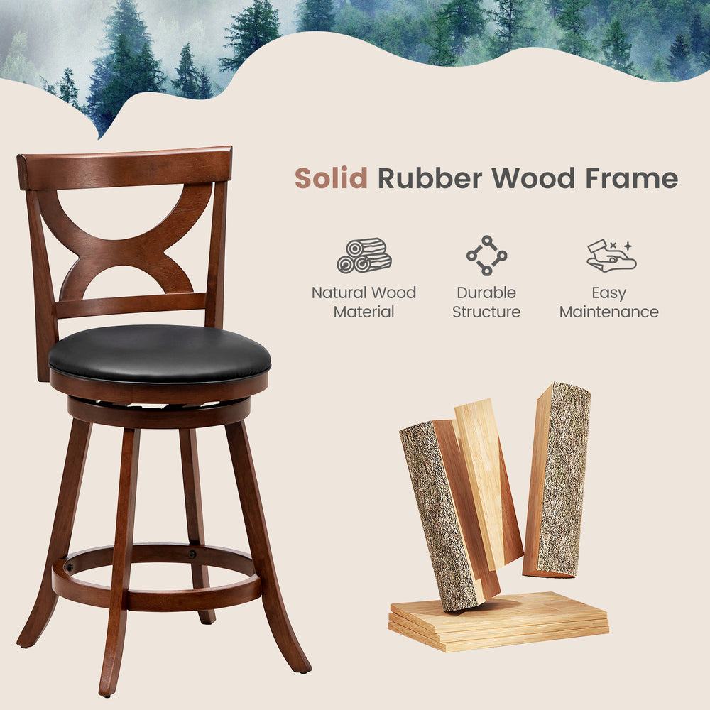 24-inch swivel bar stool with soft cushion and elegant hollow backrest, made of durable rubber wood for kitchen or bar.
