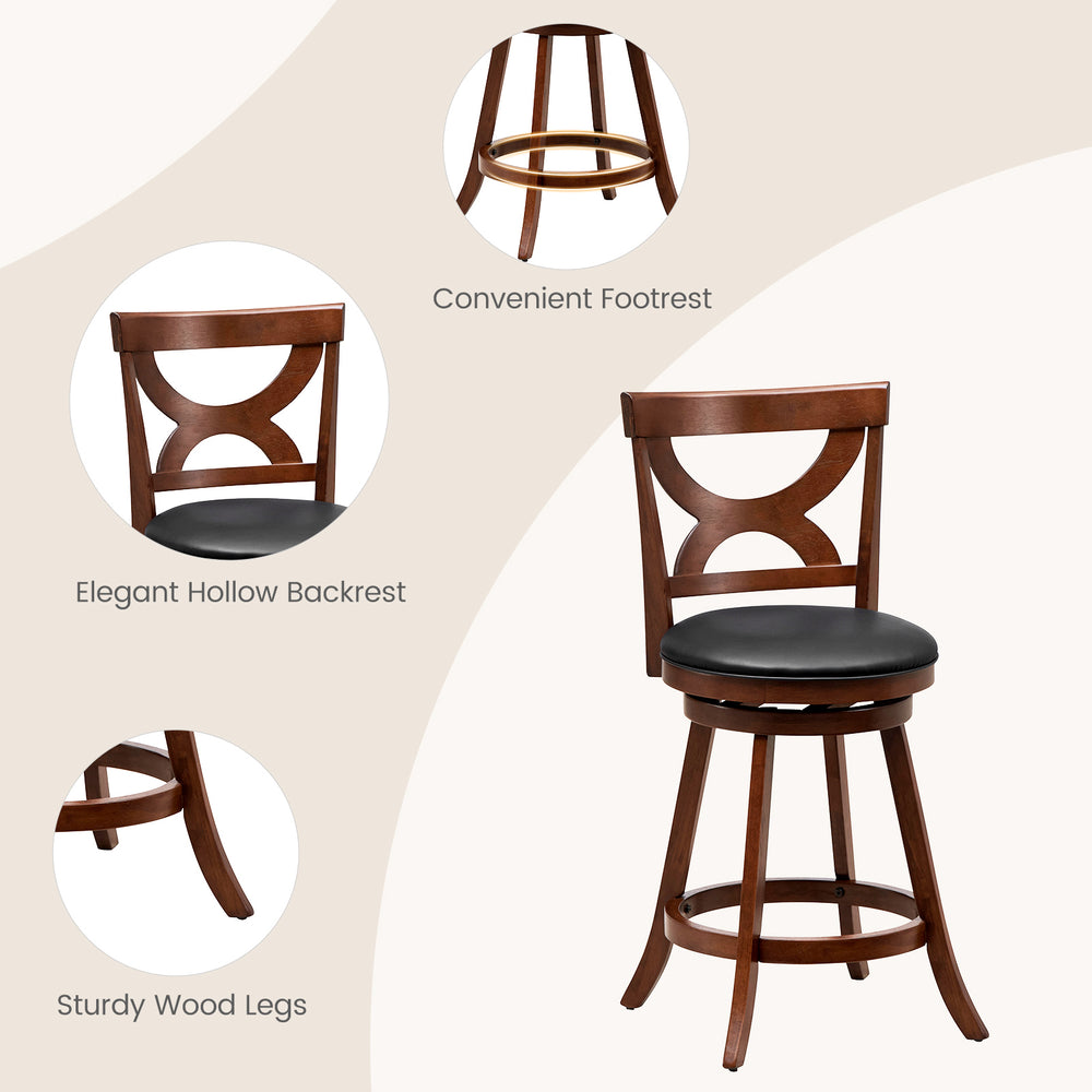 24-inch swivel bar stool with elegant hollow backrest, soft cushion, and sturdy wood legs for kitchen or dining use.