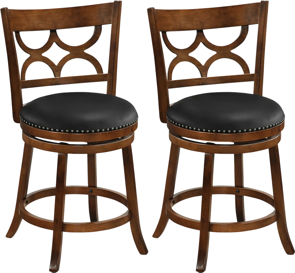 Set of 2 swivel bar stools with high backrests, wood frames, and black PVC leather seats for kitchen or dining use.