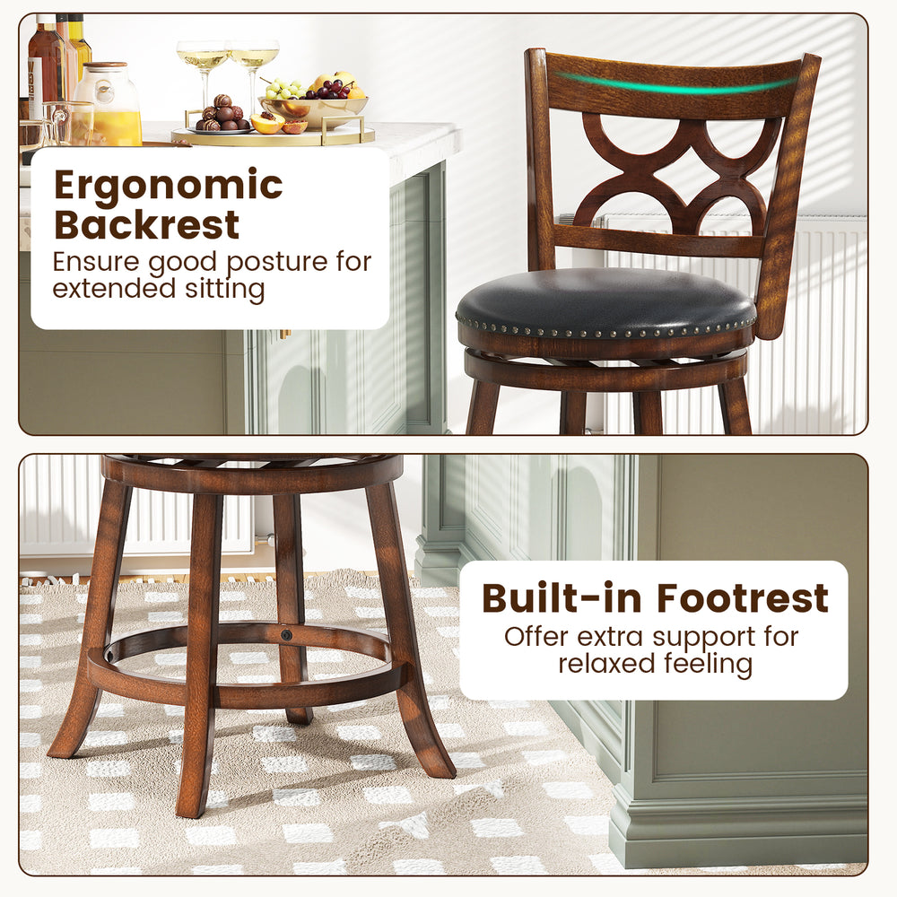 Swivel bar stool with ergonomic backrest and built-in footrest, made of solid rubber wood for kitchen island seating.