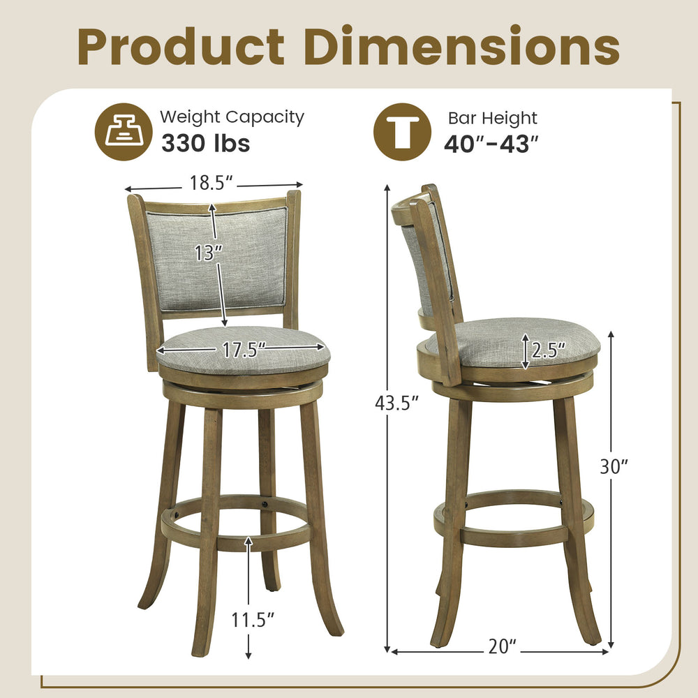 Swivel bar stool dimensions showing a soft-padded seat and curved backrest, crafted from rubber wood for stability.